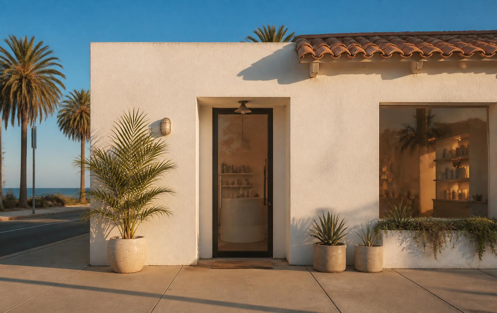 White stucco storefront studio with potted palms in warm afternoon light