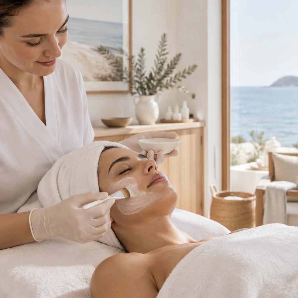 Amber serum bottle, folded cotton towel and a bowl of clay mask beside a dried palm leaf