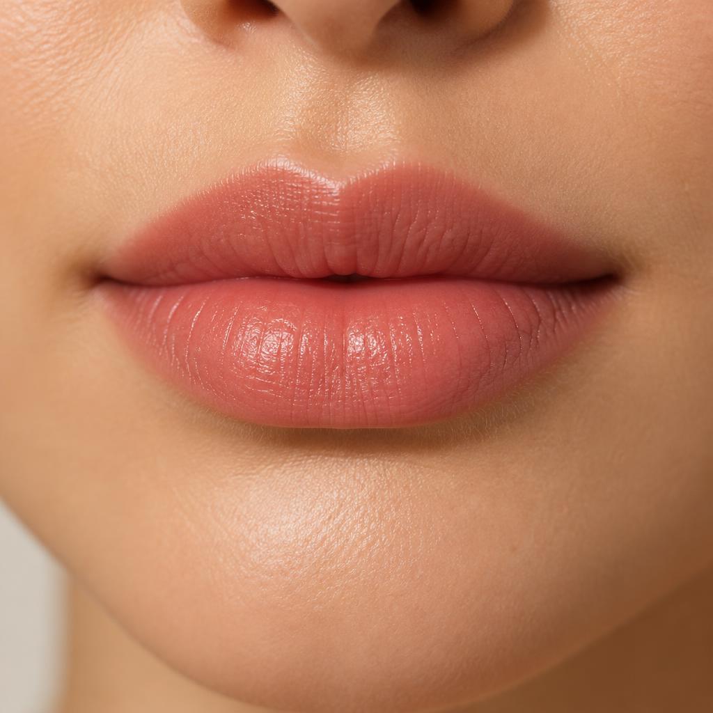 Close-up of softly tinted, naturally defined lips after a lip blush treatment